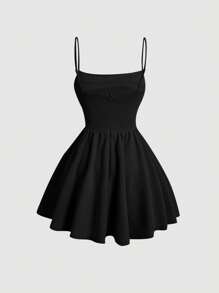 SHEIN PETITE 女款浪漫風收腰下擺夏季洋裝，適合小個女款 - 黑色 - 查看 9