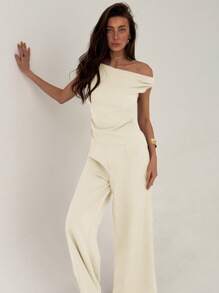 Aloruh 1 Set Khaki Minimalist Office Commuter Outfit: Off-The-Shoulder Ruched Blouse + Regular Ruched Wide-Leg Pants For Women Honeymoon Outfits Woman - Apricot - View 6