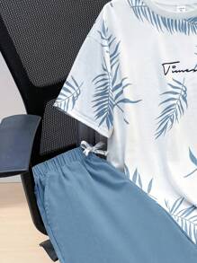 SHEIN 2pcs Set Teen Boy's Tropical Print Tee & Drawstring Waist Shorts;Spring Wear; Teen Boys' Clothing; Kids' Jackets, Spring Back To School - Dusty Blue - View 7