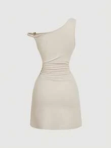 SHEIN MOD 合身褶饰金属扣杏色连衣裙 - 白色 - 查看 2