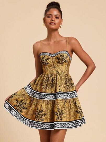 Travachic Vestido corto de mujer con tirantes finos y estampado de tejido