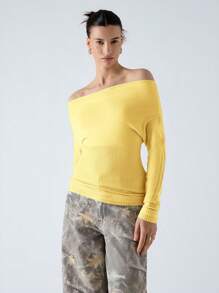 LYSMO Women's Yellow Knitwear Casual T-Shirt: Semi-Sheer Ruched Boat Neck Top With Three-Quarter Sleeves And Regular Length
