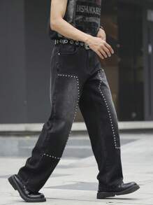 Manfinity LEGND Men's Black Denim Avant-Garde Street Casual Jeans With Zipper Details And Studded Accents