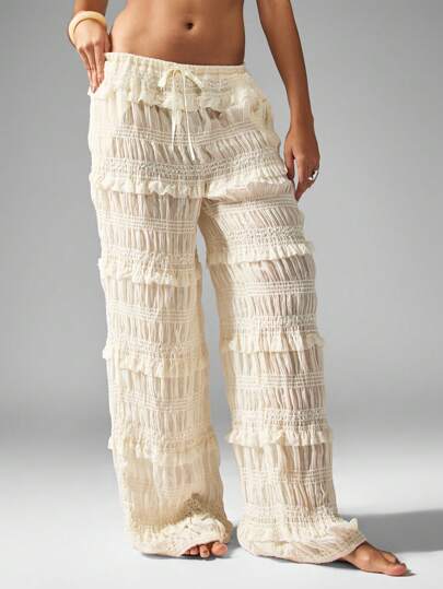 MISSGUIDED Ruffle Smocked Flowy Wide Leg Cover Up Pants｜MISSGUIDED