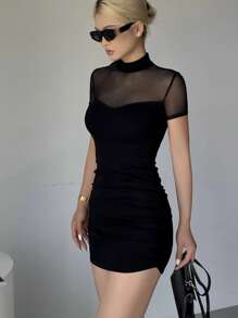 DAZY Women's Solid Color Contrast Mesh Draped Mini Dress With Pleated Design, Short Sleeve, Black - Black - View 5