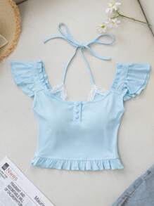 SHEIN Unity Camiseta con tirantes finos, ajustada, con mangas de casquillo, con volantes y encaje en color azul cielo, para primavera/verano - Azul - Ver 1