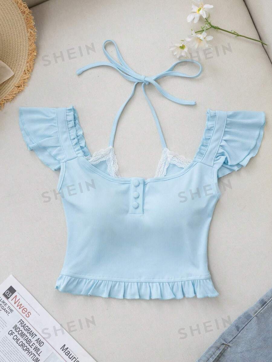 SHEIN Unity Camiseta con tirantes finos, ajustada, con mangas de casquillo, con volantes y encaje en color azul cielo, para primavera/verano - Azul - Ver 1
