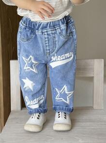 SHEIN Baby Boy Summer Casual Soft Cute Blue Denim Tapered Jeans With Alphabet And Stars Pattern, For Baby Spring/Summer Indoor/Outdoor Wear And Daily Wear - Medium Wash - View 6