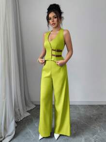 Elenzga Elegantes, einzigartiges Business Lässig Set für Damen mit ärmelloser Weste mit V-Ausschnitt, Lederknöpfen, Taillenbindung und geraden Hosen, Unifarben, geeignet für Dates, Büro