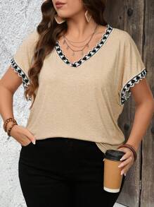 EMERY ROSE Plus Size Casual Vacation Contrast Color Lace Trim Tunic Top Summer For Women, Vacation Woman Boho Women's - Apricot - View 5