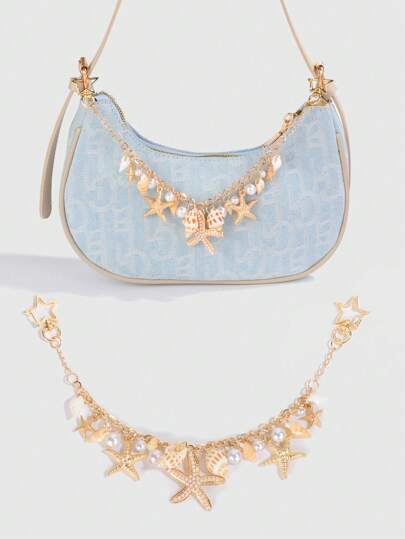 Fairycore 1pc Vacation Beach Style Sea Shell Conch Pearl Metal Bag Charm, Wedding Decor Chain