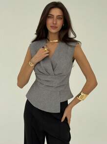 Aloruh Elegant Solid Color Minimalist V-Neck Cross Waist Pleated Asymmetric Hem Puff Sleeve Blouse, Versatile Grey Shirt