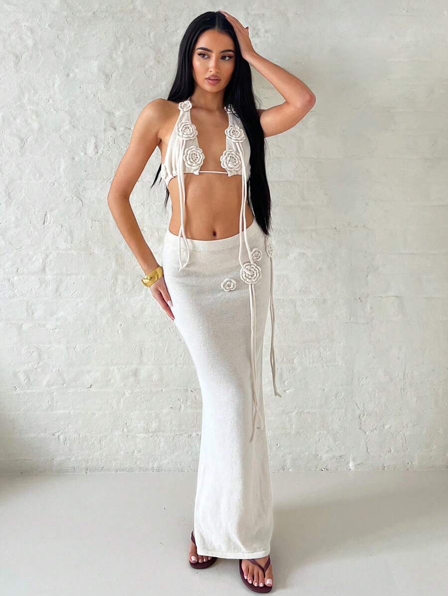 SHEIN BAE 2pcs Sexy Crop Knit Halter Neck Sweater And Bodycon Skirt Set - Apricot - View 1