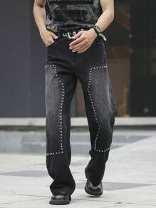 Manfinity LEGND Men's Black Denim Avant-Garde Street Casual Jeans With Zipper Details And Studded Accents