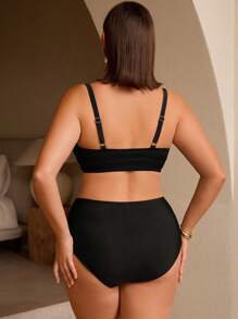 Swim Basics Plus Size Solid Color Round Neck Bikini Top, Suitable For Summer - Black - View 2