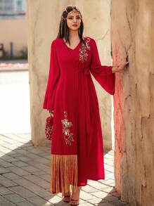 SHEIN Najma Abito lungo con maniche in stile arabo, realizzato a mano con nappine e perline, modesto
