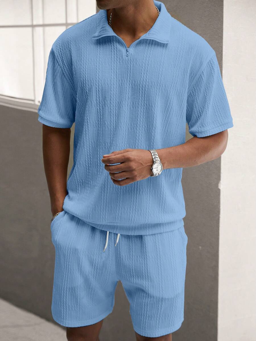 Manfinity Homme Men Solid Color Short Sleeve Casual Commute Polo Shirt And Shorts Set - Blue - View 1