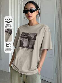 DAZY Slogan Graphic Drop Shoulder Tee When You Can't Find The Sunshine, Be The Sunshine Life Is Like A Movie, And I Am The Director See The Good Part Oversized T-Shirt - Apricot - View 1