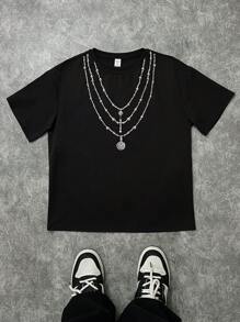 SHEIN Teen Boys Casual Short Sleeve T-Shirt, Sports & Street Style Punk Rock College Daily Wear, Party, Music Festival, Suitable For Spring/Summer - Black - View 1