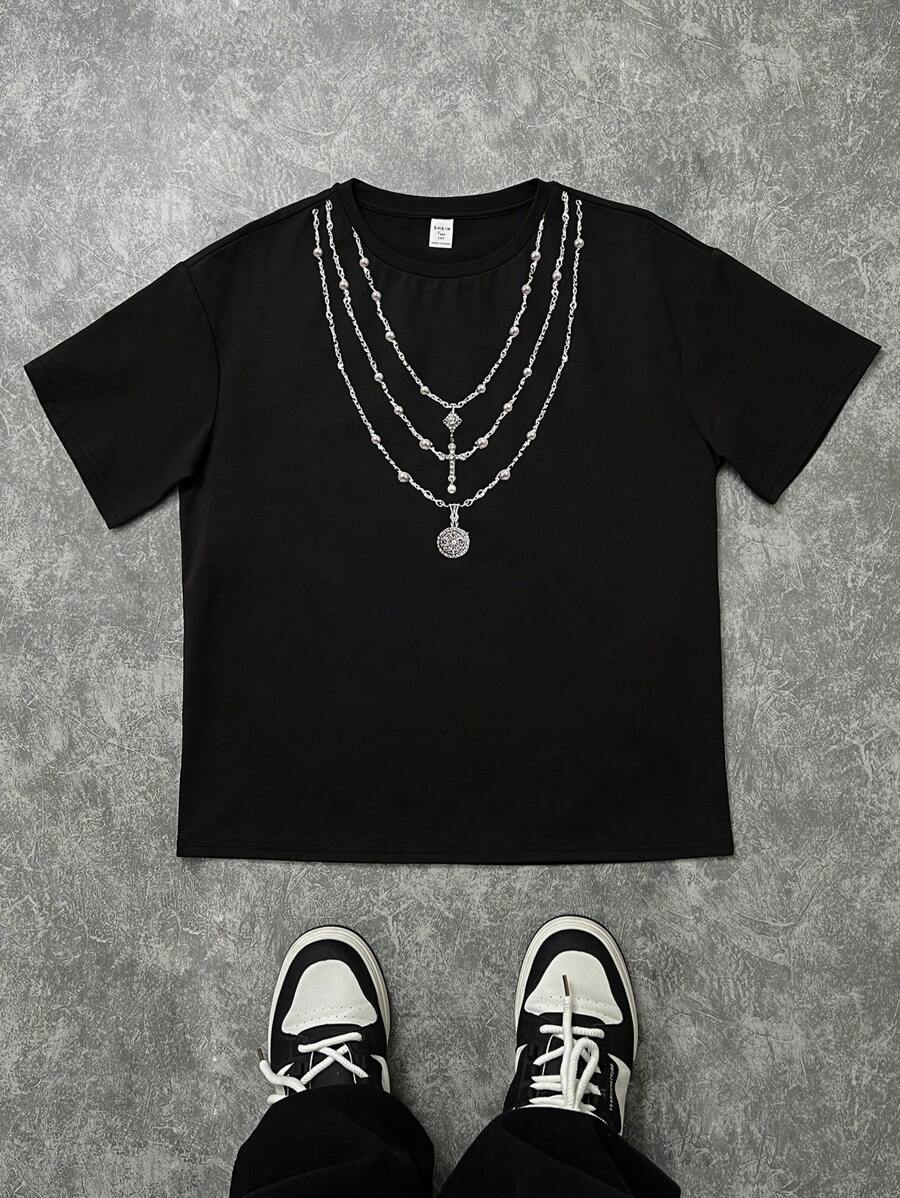SHEIN Teen Boys Casual Short Sleeve T-Shirt, Sports & Street Style Punk Rock College Daily Wear, Party, Music Festival, Suitable For Spring/Summer - Black - View 1