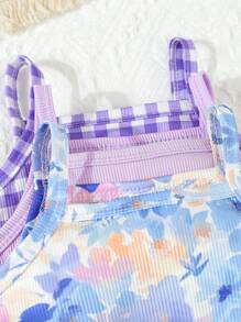 SHEIN Playful Pals 3件套女婴亲肤柔软可爱时尚背带短裤套装 - 彩色 - 查看 6