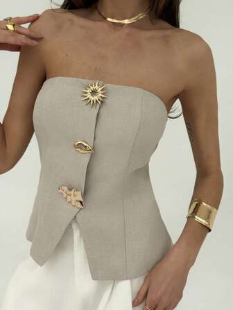 Aloruh Blusa moderna de oficina para mujer con detalle de botón metálico en color beige