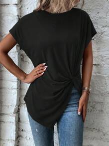 SHEIN LUNE 女士宽松圆领短袖蝙蝠袖休闲纯色 T 恤 - 黑色 - 查看 6