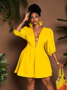 Maweii Mono de talla grande con mangas abullonadas, unicolor y sexy para vacaciones - Amarillo - Ver 5