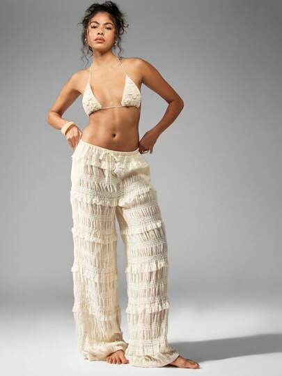 MISSGUIDED Ruffle Smocked Flowy Wide Leg Cover Up Pants｜MISSGUIDED