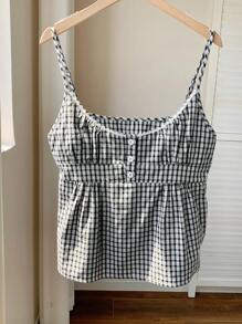 Comfortcana 夏季格纹蕾丝拼接吊带背心，适合夏季穿着 - 黑與白 - 查看 8