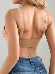 1pc Seamless Minimalist Wavy Edge Solid Color No Underwire Push Up Full Coverage Women Bra - Apricot - View 2