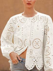 Frievida Áo cánh nữ tay dài cổ tròn thêu viền phong cách Boho thời trang cho mùa xuân thu - trắng - Xem 3