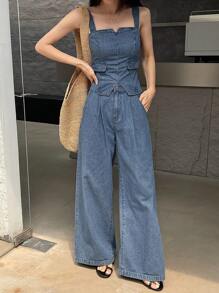 DAZY Women Denim Tank Top And Pants Set - Medium Wash - View 1