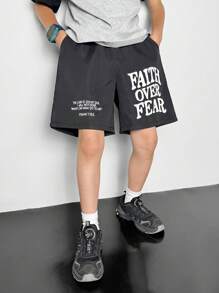 SHEIN Tween Boy Casual Solid Color Decorative Pocket Elastic Waist Shorts, Suitable For Autumn, Spring, Summer, Suitable For Outdoor Play, School, Street Style, Party And Home Leisure