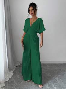Elenzga Macacão Elegante Feminino de Cor Sólida com Decote em V Profundo, Manga Morcego e Plissado - Verde Escuro - Visão 2
