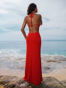 Opulessa Váy đuôi cá hở lưng đan dài màu trơn cho nữ - Đỏ - Xem 1