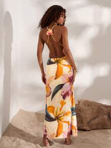 Opulessa Women's Halter Sleeveless Maxi Dress: Multicolor Woven Fabric With Criss-Cross Back Detail And Mermaid Hem - Multicolor - View 4