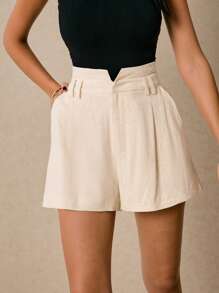 Poéselle Women's Shorts Linen Shorts With Pockets Super High Waist Shorts Asymmetrical Waist Bermuda Shorts Casual Shorts Elegant Shorts Women's Solid Color Fashionable Shorts, Suitable For Summer Women Linen Shorts Streetwear Going Out Casual Women Bottoms Boho Business Casual Women - Beige - View 7