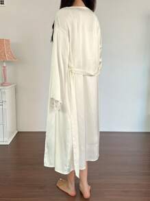 DAZY 3pcs Set Satin & Lace Patchwork Robe, Cami Top & Shorts, Women Pajama Set, Fall Clothes