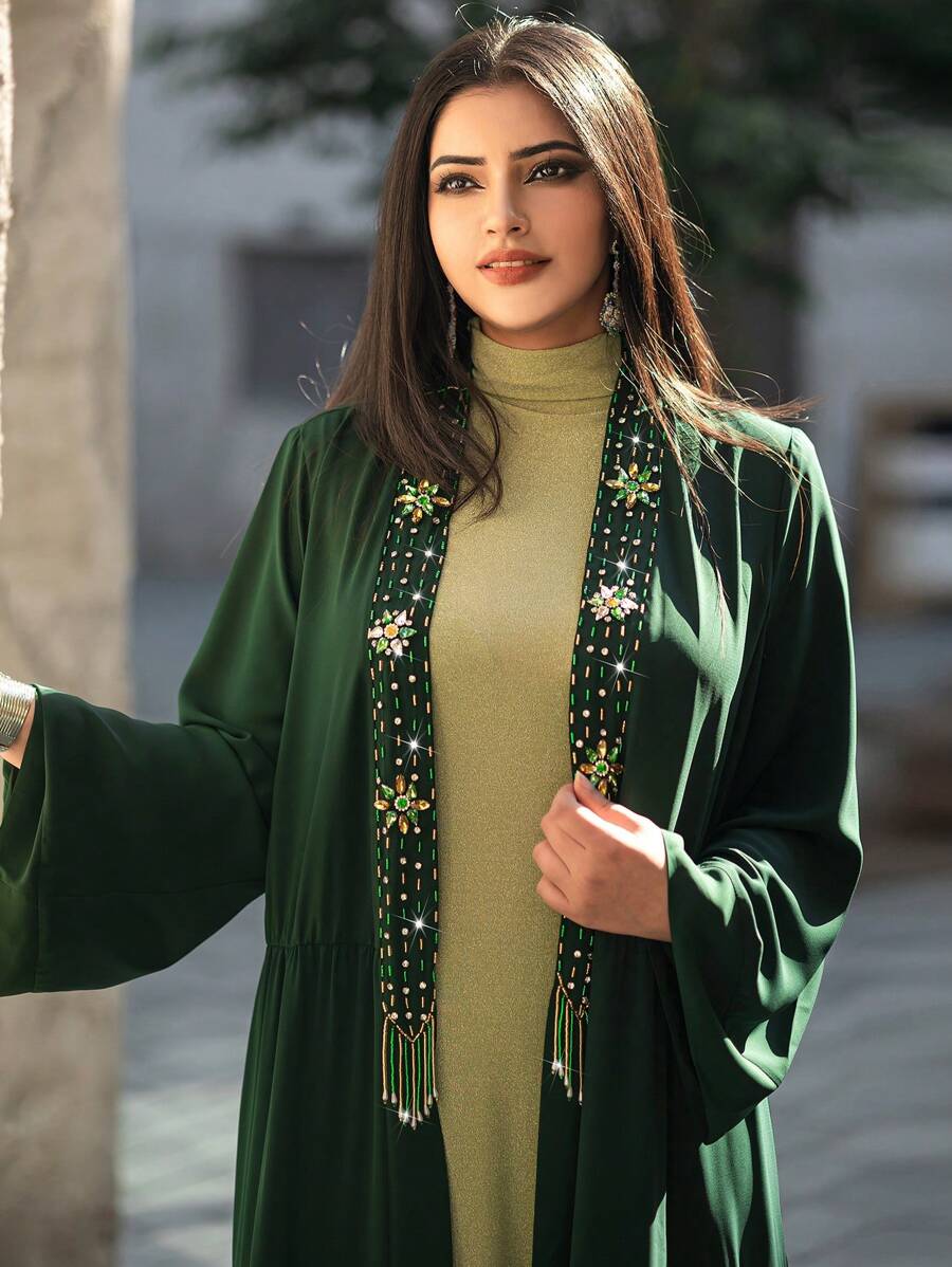 SHEIN Najma Hand-Sewn Rhinestone Beadwork And Tassel Decorations, Elegant Long Open-Front Long-Sleeved Coat - Abaya, Suitable For Daily Wear, Festivals And Eid Gatherings., Modest Robe - Dark Green - View 1