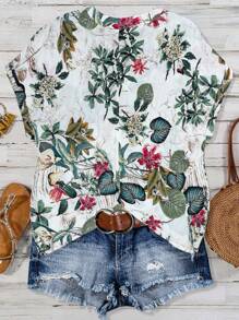 SHEIN LUNE CURVE Plus Size Women Vintage Print V-Neck Button Down Short Sleeve Loose Blouse, Spring Summer - White - View 2