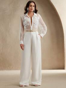 Anewsta Elegante blusa da donna di , semi-trasparente, con ricamo 3D, decorata con perle e strass, adatta per primavera/estate, festival, laurea, estate, elegante, spiaggia, vacanza, casual