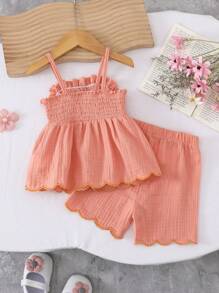 SHEIN 2pcs/Set Baby Girls Cute Embroidery Flare Tank Top+Elastic Waist Shorts,Coral Summer Vacation Sweet&Adorable Minimalist Comfortable Outfit Set - Orange - View 10
