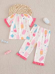 2 Pcs Baby Girls' Apricot & Pink Ice Cream Print Long Pants And Short Sleeve Casual & Comfy Pajama Set - Multicolor - View 2