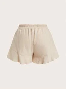 Elaquor 2 Pcs/Set Women's Plus Size Casual Woven Fabric Shorts With Ruffle Hem And Drawstring, Apricot, Short Length For Summer Comfort - Apricot - View 4