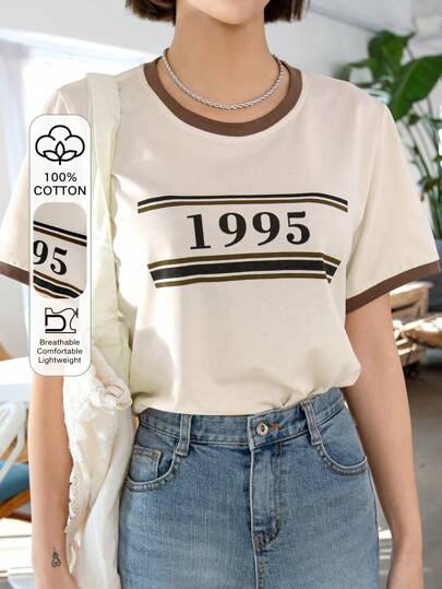 DAZY 字母图案对比装订 T 恤 夏季