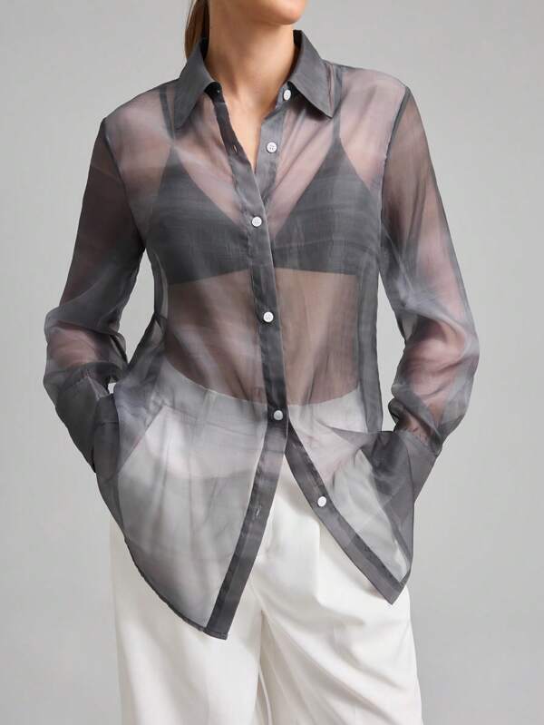 Ontre Blusa de manga larga semi transparente con estampado elegante para mujeres, adecuada para el verano, vacaciones, temporada de graduación, nuevos lanzamientos para 2025, uso en la oficina y uso casual