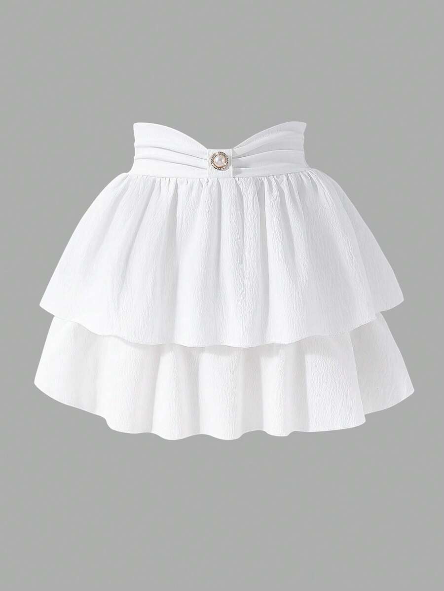 Girls Textured Puff Tulip Hem Solid Color Skirt, Summer - White - View 1
