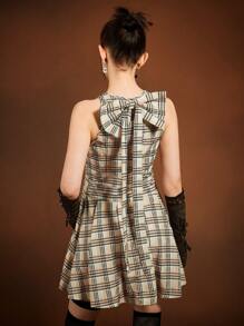 HARRY POTTER X SHEIN Women's Casual Plaid Short Dress With V Neck And Ruffle Hem Detail