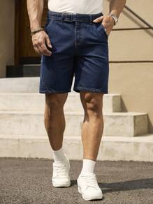 Manfinity Homme Pantalones cortos de mezclilla casuales de unicolor con bolsillo para hombre, apropiados para el verano - Azul lavado oscuro - Ver 6